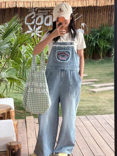 DAZY Tween Girls Loose Cute Letter Embroidery Denim Overalls