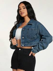 SHEIN PETITE Áo khoác denim lửng dáng rộng, phong cách thường ngày, thích hợp cho mùa xuân. - Màu xanh lam - Xem 4