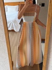 DAZY Summer Vacation Wave Striped Spaghetti Strap Camisole Waist Maxi Nightgown For Women - Khaki - View 7