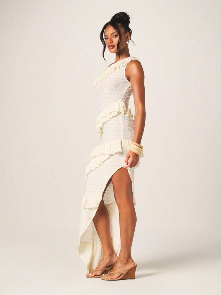 MISSGUIDED Women's Cream One Shoulder Ruffle Lace Maxi Dress With High Thigh Split For Wedding Guest Cocktail Evening Party Occasions