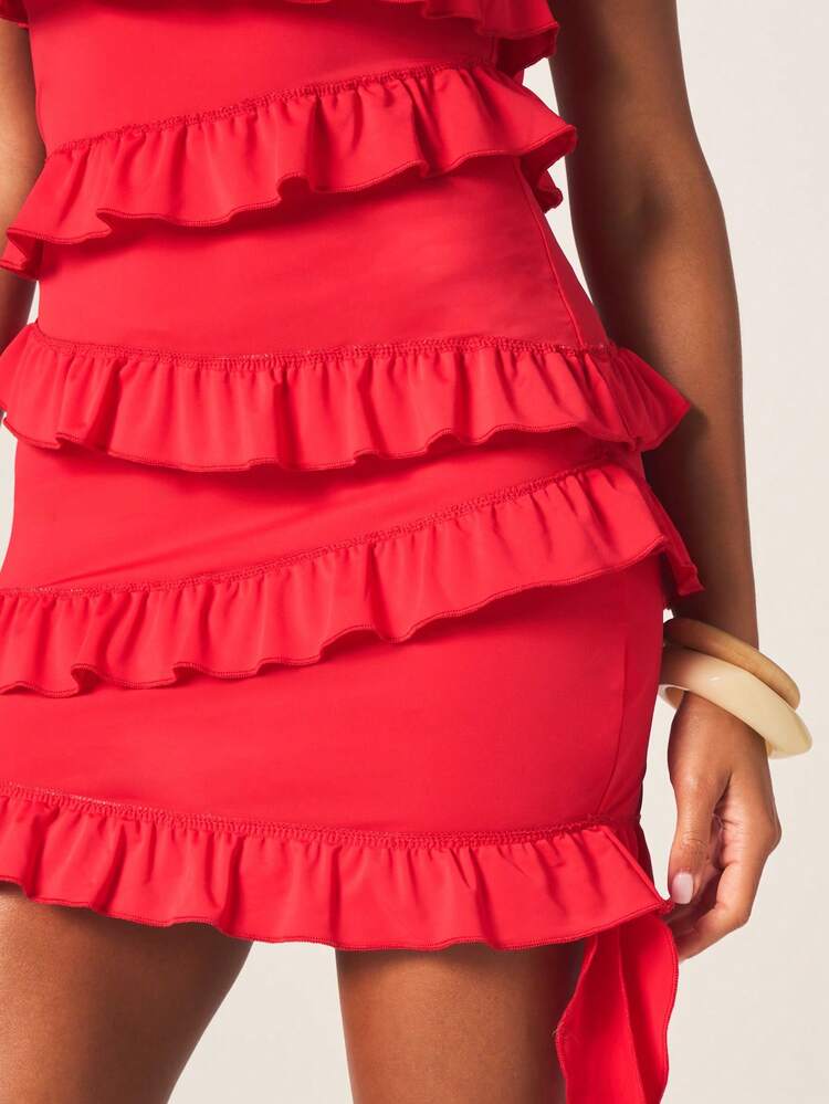 MISSGUIDED Strapless Red Ruffle Tiered Mini Dress With Cascading Frill Details For Party Cocktail Evening Occasions