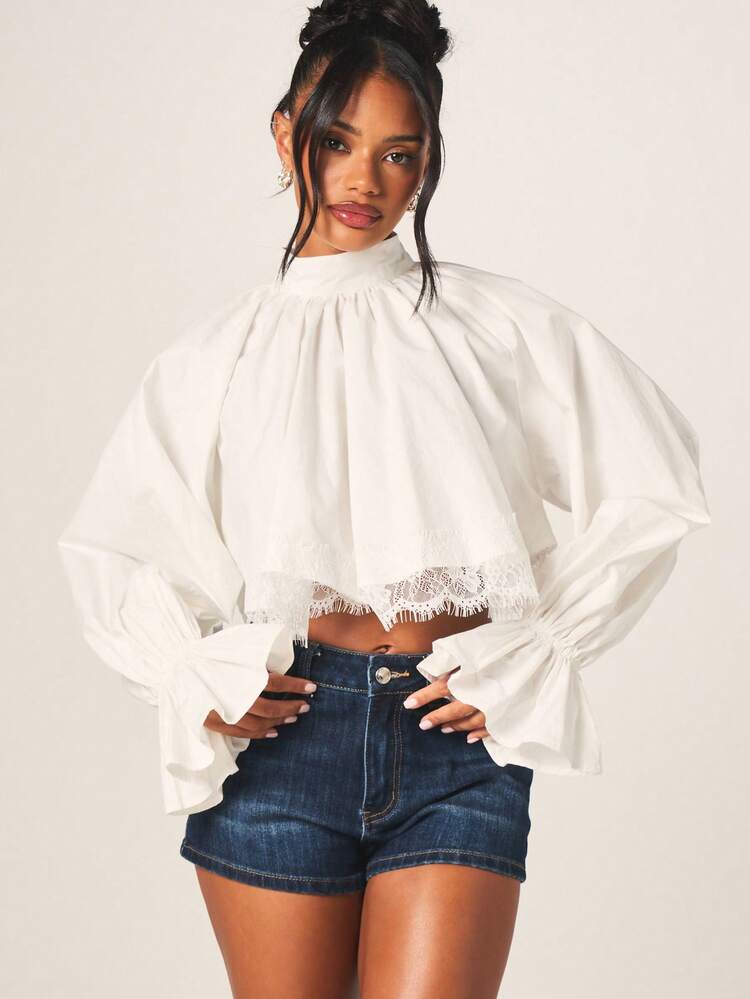 MISSGUIDED Women's Cropped Baby Doll High Neck Balloon Sleeve Lace Trim Blouse Fall Top