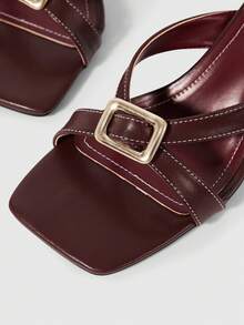 Sleekvia Sandalias de mujer con punta cuadrada y abierta, tacón de aguja alto y sexy de color marrón oscuro, estilo mule con correa cruzada, transpirables y de vanguardia para uso diario - Café integral - Ver 9