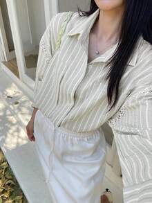 DAZY Women's Lapel Loose Striped Long Sleeve Lace Patchwork Casual Cardigan Shirt - Green - View 2