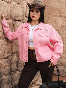 SHEIN ICON Plus Size Casual Solid Color Distressed Denim Jacket - Pink - View 5