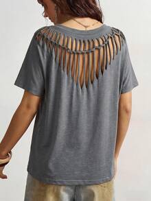 Bohemela 休闲纯色针织圆领短袖破洞宽松女式T恤 - 淺灰色 - 查看 2