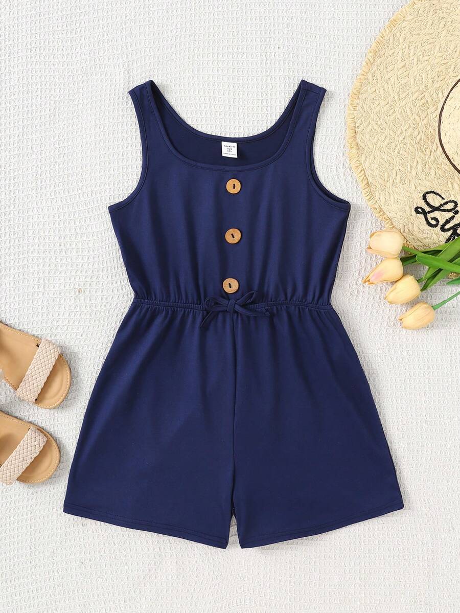 SHEIN Tween Girls' Casual Green Loose Jumpsuit, Suitable For Vacation And Beach - Navy Blue - View 1