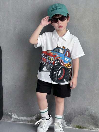 SHEIN 1pc Young Boys Casual School Style Comfortable Fashion Versatile Soft Stylish Cool Street Cartoon Car Cute Pattern Comfortable Short Sleeve Shirt, Paired With Solid Color Shorts, Suitable For Spring/Summer Toddler Boy