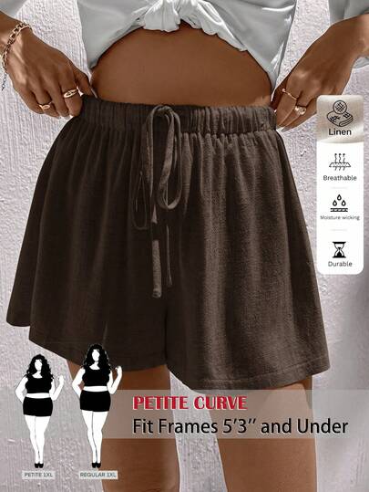 SHEIN PETITE CURVE Pantaloni scurți de zi cu zi pentru femei, mărime plus, culoare solidă, cu talie și șnur, casual, versatil