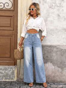 Brillora Celana Jeans Wanita Pinggang Tinggi dengan Kantong, Potongan Lebar, Longgar, Kasual, Serbaguna - Medium Wash - View 3