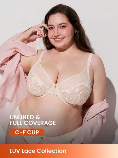 LUVLETTE Plus Woman Lingerie Full Coverage Pushup & Breathable Underwire Sexy Unlined Embroidered Lace Gold Beige Mesh & Lace Bra Minimizer Bra