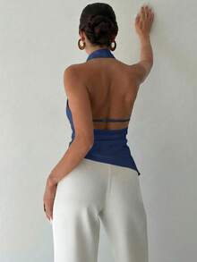 Firerie 女士新款优雅通勤衬衫，不对称领无袖露背吊带可调节纽扣装饰修身黑色办公衬衫，女士通勤衬衫，春夏服装，通勤，优雅，性感 - 霧霾藍 - 查看 2