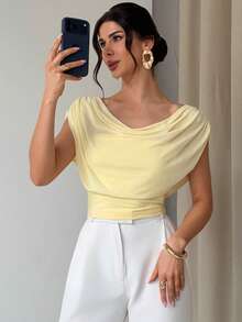 Firerie Áo thun nữ màu vàng nhạt dáng ôm, cổ bèo nhún, chất liệu lưới, thích hợp cho đi làm, đi nghỉ mát, hẹn hò lãng mạn. Phù hợp cho giáo viên, sân bay, đi chơi, đi nghỉ mát sang trọng. - Màu vàng - Xem 7
