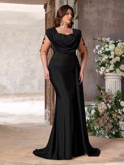 Aureia 大码优雅奢华黑色亮片拼接弹力缎面深V垂褶领口七分袖贴花褶皱美人鱼裙摆连衣裙，带罩衫，适合所有正式场合、婚礼季、音乐节、晚宴（重工装饰设计）