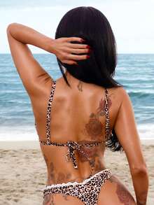 Swim SXY Women's Spring/Summer Leopard Print Random Floral Halter Bikini Set - Multicolor - View 2