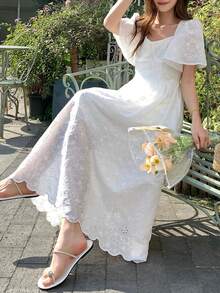 DAZY Women's Embroidered Sweetheart Neck Ruffle Hem Long Dress - White - View 7