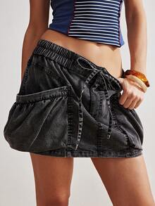 Bohemela 休闲水洗双口袋抽绳腰女裙 - 黑色 - 查看 1