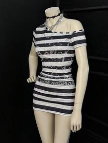 EgrlEra Women's Fashion Multi-Color Striped Asymmetric-Shoulder Rhinestone Embellished Dress - Multicolor - View 4