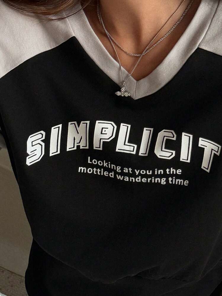 Women's V-Neck Contrast Color Patchwork Cropped Loose Casual Pullover T-Shirt, Summer