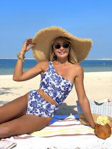 Swim Lushoire New Arrival Summer Beach Vacation Sexy Elegant One-Piece Swimsuit For Women, Front Hollow Whole Piece Blue & White Printed Fabric One Shoulder Jumpsuit Swimwear - Multicolor - View 7