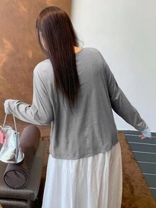 Dazy Plus Color Block Bow Decor 2 In 1 Fashion Long Sleeve T-Shirt For Plus Size Women - Grey - View 2