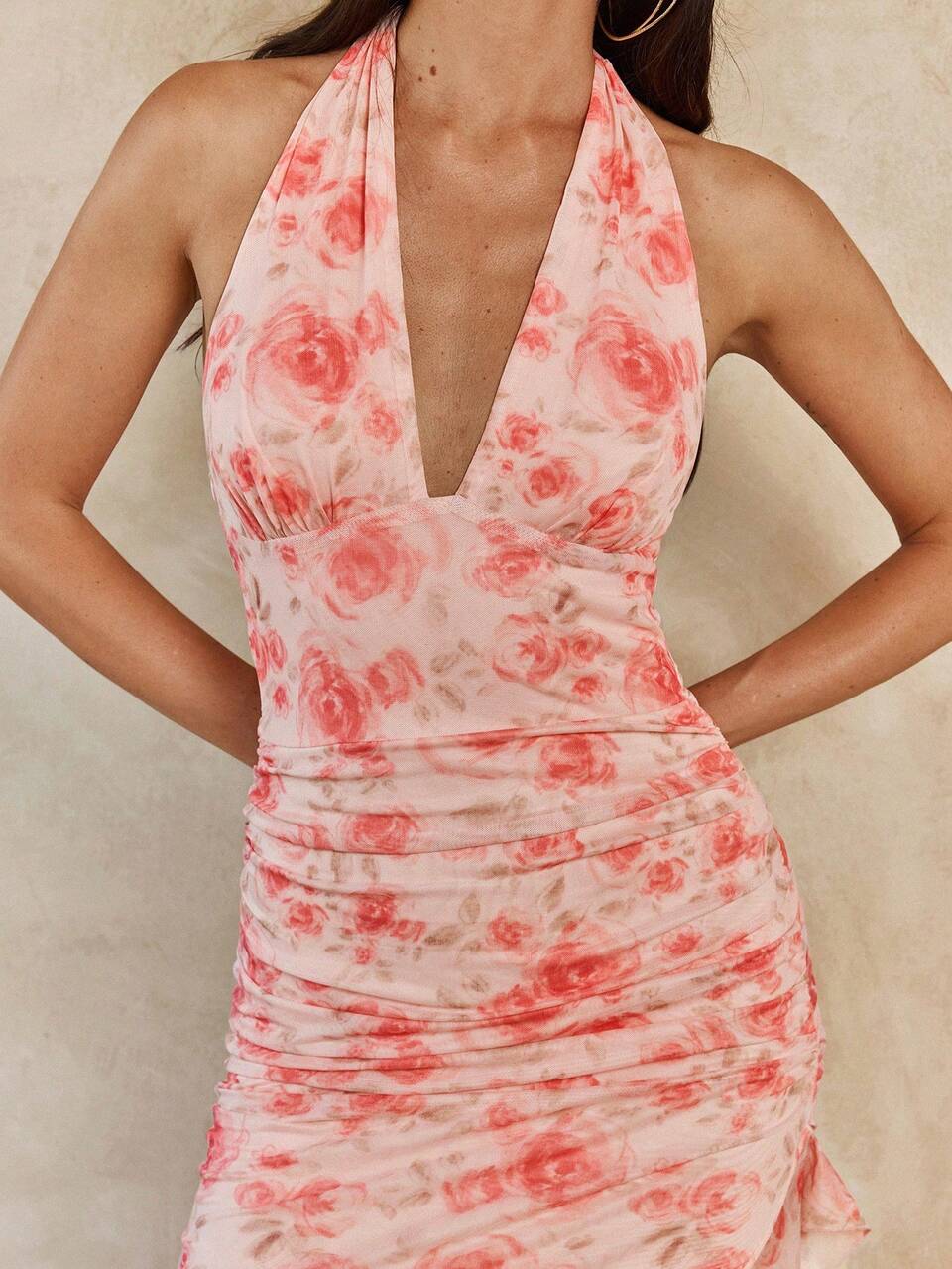 Enchnt Women's Elegant Pink Floral Summer Long Dress, Wedding Ninang Side Slit Backless Halter Dress,Sweet&Elegant For Vacation&Date&Holiday Outfit