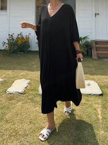 Dazy Plus V-Neck Solid Color Batwing Sleeve Long Plus Size Women Nightgown, Spring/Summer - Black - View 6
