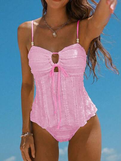 Swim Mod Women's Solid Apricot Textured Fabric Beaded Decor Camisole & Bikini Set, Suitable For Summer Beach & Vacation