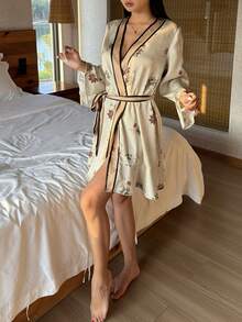DAZY Women's Elegant Floral & Polka Dot Print Contrast Trim Ruffle Hem Sleepwear Robe, Summer Pajamas - Apricot - View 8