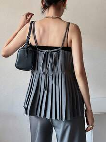 FRIFUL Women's Camisole Top With Pleated Waist & Elastic Waist Pants 2 Pieces Set - Grey - View 4