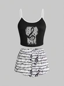 ROMWE Y2K Gothic Dark-Tone Music Note Contrast Trim Camisole & Shorts Pajama Set - Black and White - View 1