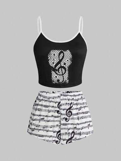 ROMWE Y2K Gothic Dark-Tone Music Note Contrast Trim Camisole & Shorts Pajama Set