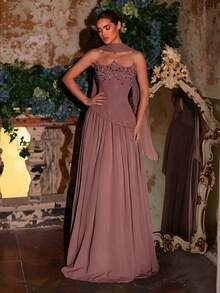 Glamrae Elegante vestido de gasa azul nebuloso de lujo con pedrería hecho a mano, 2 en 1 con cuello colgante de lentejuelas desmontable, adecuado para todas las ocasiones formales, elegante vestido de noche - Rosa vieja - Ver 6