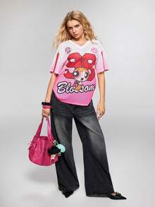 THE POWERPUFF GIRLS X SHEIN 女士V领卡通字母印花休闲百搭日常短袖T恤 - 粉色 - 查看 7