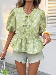 SHEIN LUNE Áo sơ mi ngắn tay nữ kiểu dáng thường ngày, thêu họa tiết, thích hợp cho kỳ nghỉ hè, đi làm và mặc hàng ngày. - màu xanh lá - Xem 3