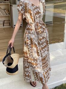DAZY Đầm maxi nữ cổ chữ V in họa tiết, tay ngắn, thắt eo, kiểu boho, thích hợp cho kỳ nghỉ hè. - màu nâu - Xem 2
