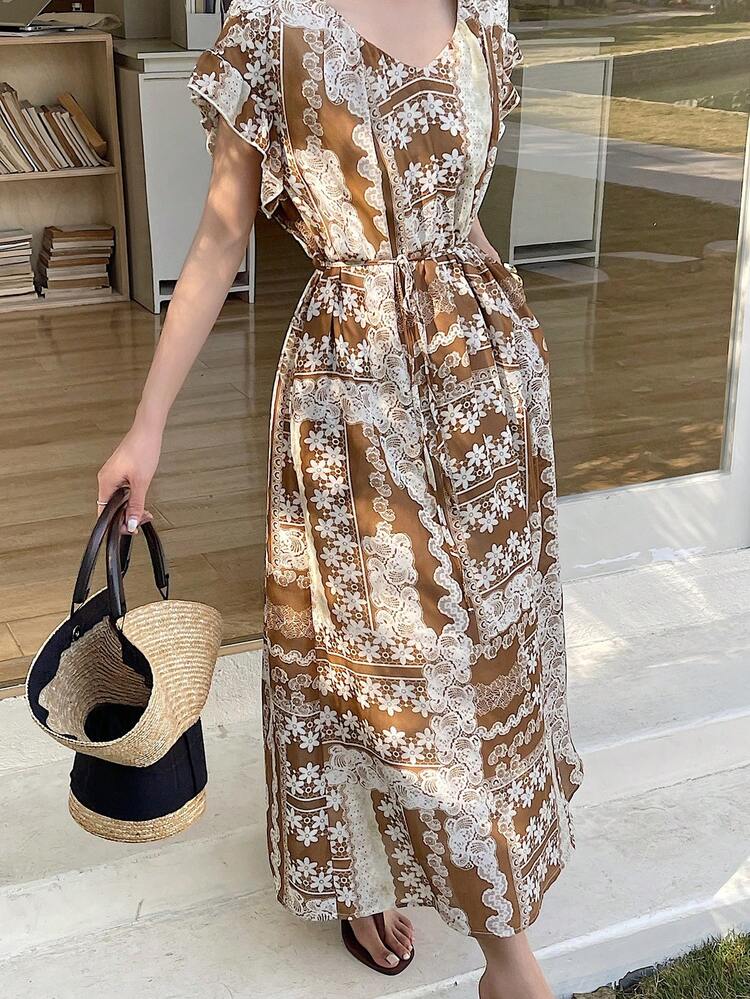 Women's V-Neck Printed Short Sleeve Cinched Waist Maxi Bohemian Style Vacation Dress Sundress Summer Boho