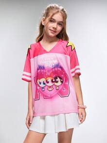 THE POWERPUFF GIRLS X SHEIN Tween Girls' Letter Print V-Neck Loose Short Sleeve T-Shirt, - Pink - View 2