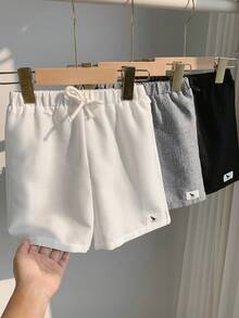 SHEIN 3件套男童休闲纯色弹力腰抽绳短裤，恐龙印花拼接套装夏季男童短裤 - 彩色 - 查看 5