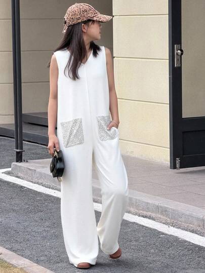 DAZY Tween Girls' Summer Casual Sequin Decor Sleeveless Jumpsuit With Pockets