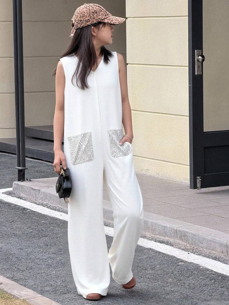 Tween Girls' Summer Casual Sequin Decor Sleeveless Jumpsuit With Pockets