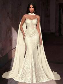 Glamrae Elegant Luxurious Stretchy Lace Ruched Sexy Bandeau Mermaid Dress With Detachable Sequin Skirt, Suitable For Wedding, Party, Honeymoon - Beige - View 7