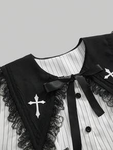 ROMWE Goth 哥特式暗黑娃娃十字尖领撞色蕾丝条纹修身A字迷你连衣裙 - 白色 - 查看 5