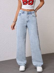 SHEIN EZwear Women's Pocketed Wide Leg Loose Casual Versatile Jeans - Light Wash - View 3
