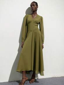 Aveloria Modichic Elegant Olive Green Chiffon Dress For Women,V-Neck Long Puff Sleeve Silk Dress, Retro Style For Autumn Tea Party,Office,Commute & Gatherings - Army Green - View 4