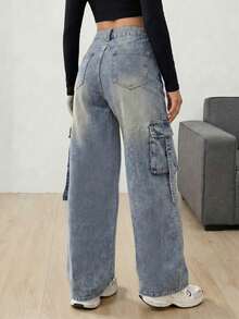 SHEIN ICON 女士高腰工装口袋阔腿宽松休闲牛仔裤 - 藍色 - 查看 2