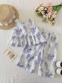 Babygirl Cute Floral Print Bow Tie Camisole And Pants Set, Summer Vacation - Mauve Purple - View 2