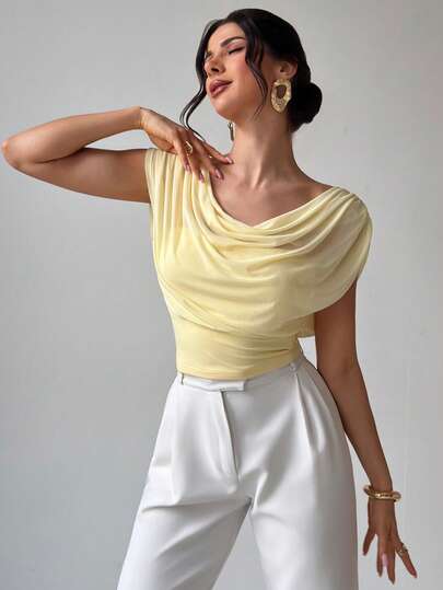 Firerie Camiseta ajustada de malla de color amarillo pálido con cuello de volantes, elegante y casual para ir al trabajo, de vacaciones, en una cita romántica, para maestras, en el aeropuerto, para salir, elegante para vacaciones