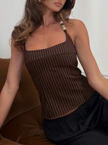 Siren Gaze 女士条纹串珠吊带系带休闲百搭日常上衣 - 棕色 - 查看 1