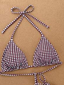 Swim Mod 2026 Spring/Summer Spaghetti Strap Halter Neck Purple & Red Plaid Side High Cut Lace-Up Thong Panties, Sweet Vacation Style For Women - Multicolor - View 4